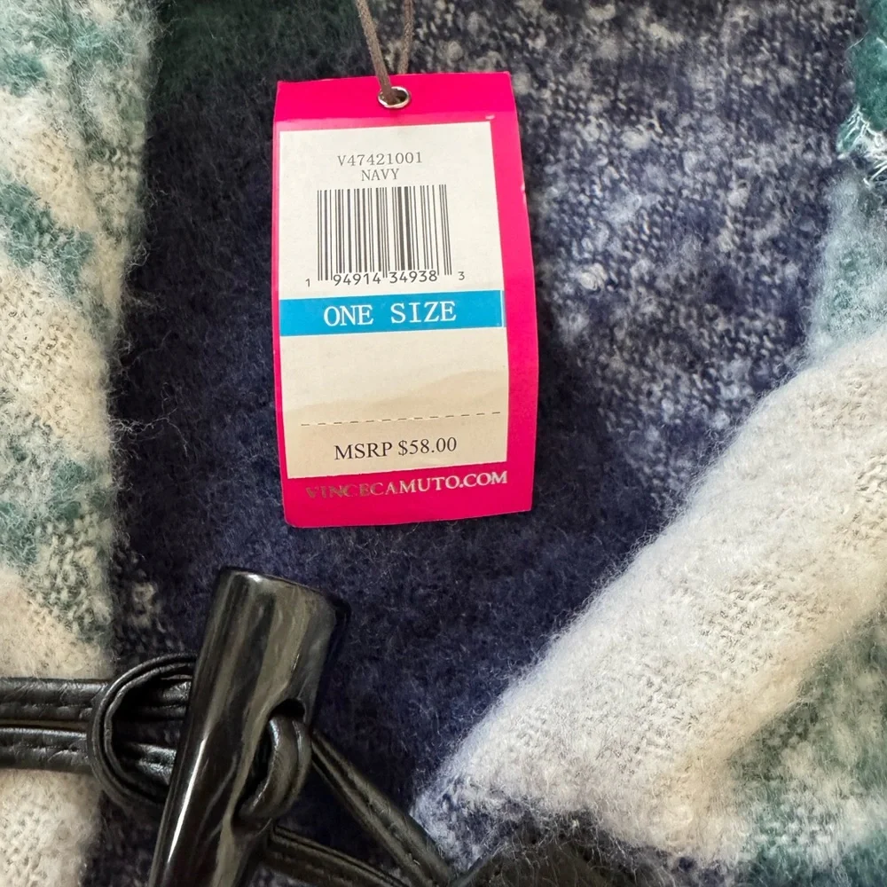 NWT Women’s Vince Camuto Plaid Hooded Poncho w/ Fringe Shawl One Size Open Knit